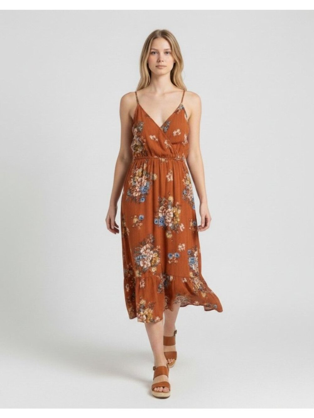 Becool Womens Floral Orange Sleeveless Wrap Maxi Dress Size Small Rayon